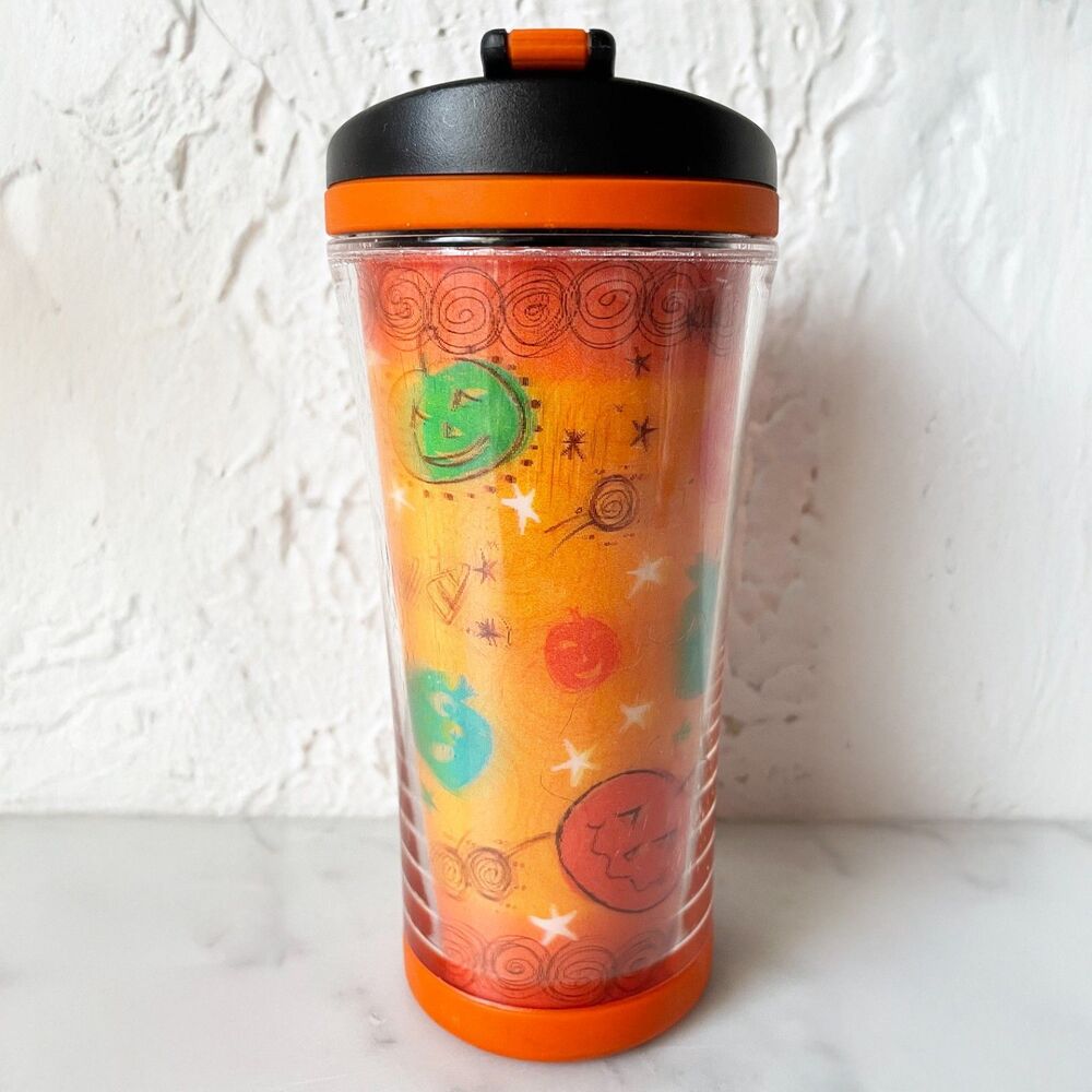 Starbucks Halloween Pumpkin Kids Travel Tumbler Mug 2007 Orange Black Flip Lid